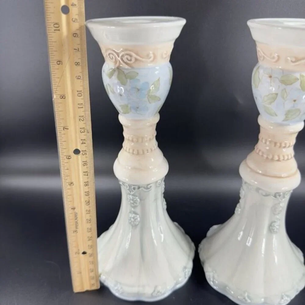 Tracy Porter Hand Painted Pillar Candle‎ Stick Holder Set Ceramic Caldecott